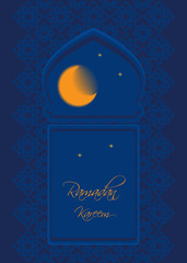 Arab window with moon and stars. Ramadan Kareem background. Holy month celebrations.