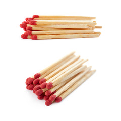 Set of Pile of Wooden matches isolated over the white background