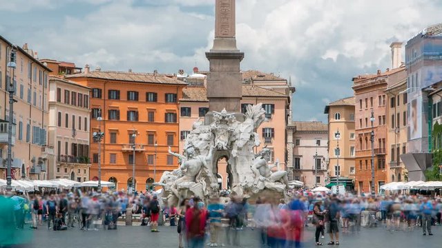 Italy, Rome Piazza Navona, the fountain of four rivers timelapse designed by G.L.Bernini.
