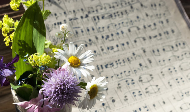 Altes handgeschriebenes Notenblatt mit Wildblumen auf Holz Hintergrund