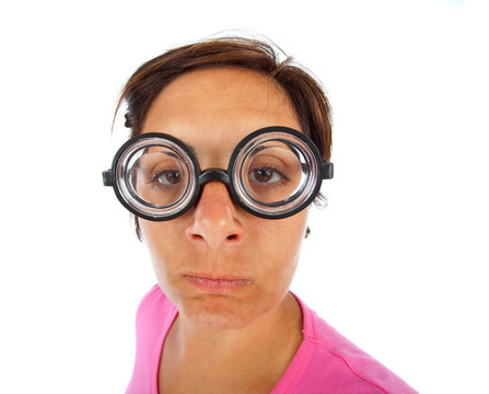 Woman with thick glasses