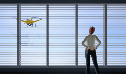 Fototapeta na wymiar 3D render of a UAV drone peering through a window with horizontal blinds as a young woman looks on. Fictitious UAV is a unique design. Motion blur and blue sky for dramatic effect.