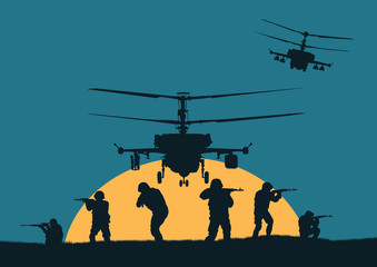 Naklejka na ściany i meble Illustration, the soldiers going to attack and helicopters.