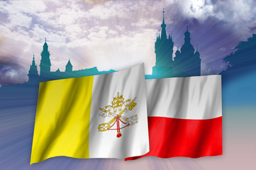 Fototapety  Flagi Polski i Watykanu na krajobrazie Krakowa