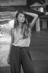 Black and white photo of young beautiful woman