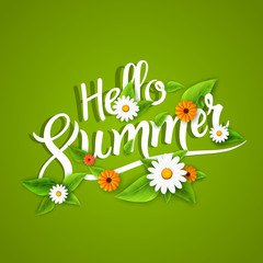 Hello summer lettering typography with flowers on white.