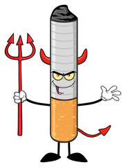 Devil Cigarette Cartoon Mascot Character Welcoming And Holding A Trident