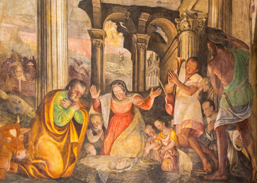 BRESCIA, ITALY - MAY 21, 2016: The Nativity fresco by  Lattanzio Gambara ( 1530 - 1574) in church Chiesa del Santissimo Corpo di Cristo.