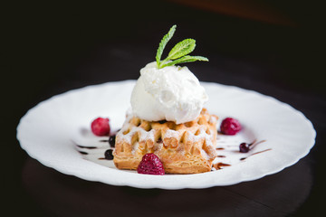 dessert cake with ice cream and raspberries