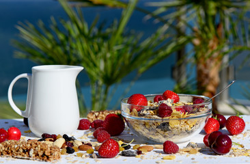A delicious and healthy breakfast in the garden of muesli with milk, nuts, berries
