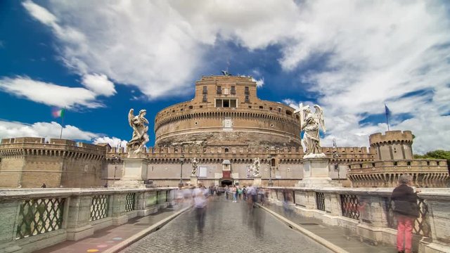 Saint Angel Castle Castel Sant Angelo and bridge Ponte Sant Angelo over the Tiber river timelapse hyperlapse, Rome, Italy