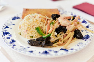 Chinese shrimp chop suey with egg and white rice