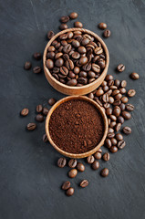 Coffee beans and ground coffee in a wooden bowl