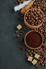 Coffee beans and ground coffee and sugar
