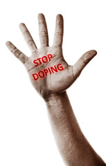 Stop doping concept. Male hand with text isolated on white