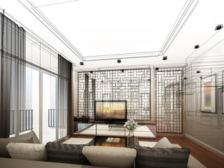 sketch design of living ,3dwire frame render