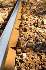 Close up view of steel railroad track
