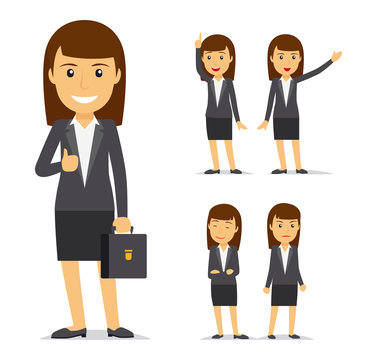 Businesswoman vector cartoon character. Business lady smiling and angry, pointing with her hand