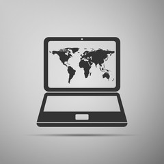 Laptop with world map icon on grey background.