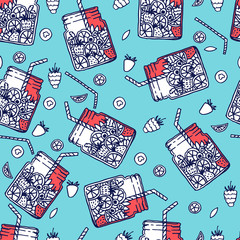 Hand drawn seamless pattern with fruit water in mason jar with b