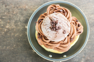 Stack of Homemade Pancakes with Chocolate Ice-Cream Scoops