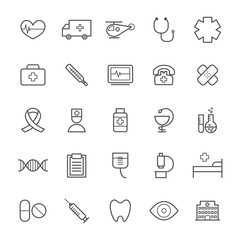 Collection of 25 linear medical icons. Thin icons for web, print, mobile apps design