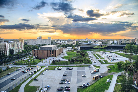 Amazing sunset over modern district of Katowice