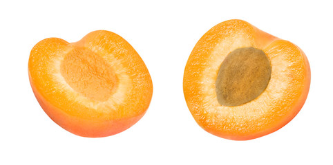 Two fresh slices of apricot isolated on white background. One slice with core. Design element for product label, catalog print, web use.