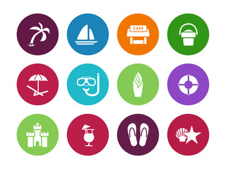 Fototapeta premium Beach circle icons on white background.