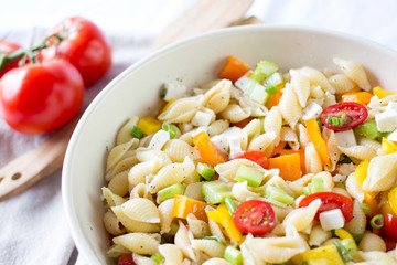 pasta salad close up on a white background 