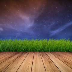 night sky with shiny stars with green grass and wooden floor