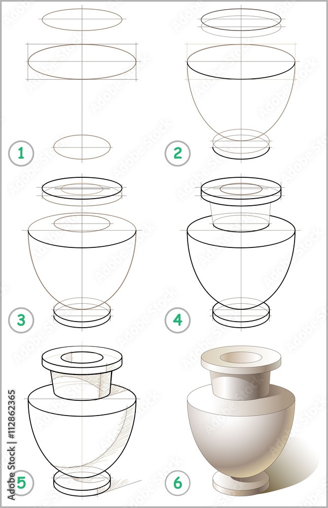 Wall mural page shows how to learn step by step to draw antique vase. vector image.