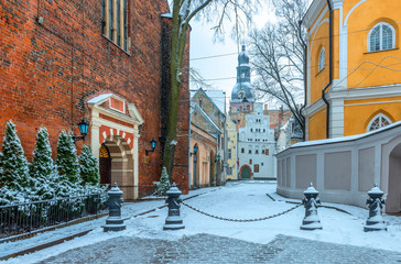 Entrance to the Saint Jacob Catholic church in old Riga city, Latvia. The church was included in...