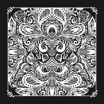  Bandana print with design for silk neck scarf.Traditional ethnic pattern. Black and white vector image.