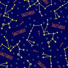 Seamless vector pattern. Background with the image of constellation Sagittarius zodiac sign on a dark blue background with blue stars. Pattern for design packaging, design brochures,