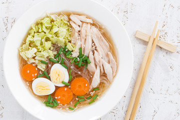 Chinese soup with glass noodles, vegetables and chicken