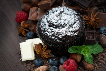 chocolate muffins with icing sugar and ingredients 