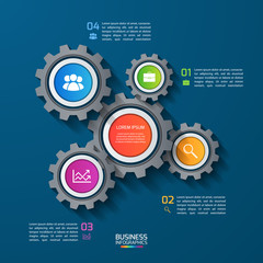Vector infographic template with gears and world map. Business and industry concept with 4 options, parts, steps, processes.
