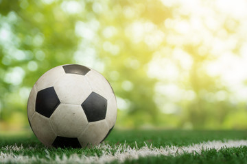 Fototapeta premium soccer ball on soccer field and bokeh background