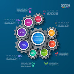 Vector infographic template with gears and world map. Business and industry concept with 8 options, parts, steps, processes.