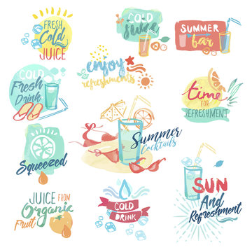 Hand drawn watercolor labels and stickers of fresh fruit juice and drinks. Vector illustrations for menu, food and drink, restaurant and cocktail bar, summer refreshment, fruit, summer holiday.