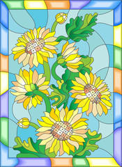 Obrazy na Szkle  Ilustracja w stylu witrażu z kwiatami, pąkami i liśćmi słoneczników