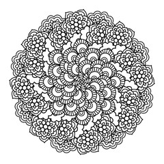 Round element for coloring book. Black and white ethnic henna pattern. Floral mandala.