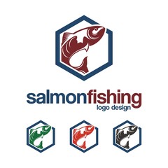 Salmon Fishing Logo Design Hexagon Shaped Vector Template