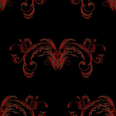 Red brown vintage seamless pattern with elements of an abstract floral ornament on black background, vector illustration