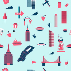 New York seamless pattern. Manhattan USA skyline silhouette cartoon design vector illustration.