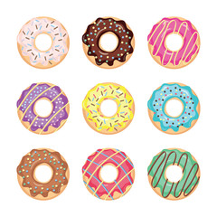 Glazed colored donuts set isolated on white.