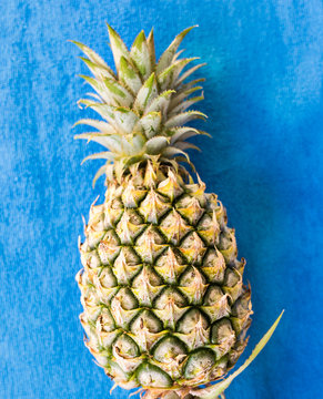 top of fresh pineapple on blue background