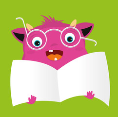 Pink monster holding a flyer, a place for text
