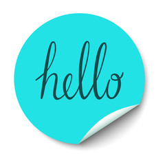 Vector circle sticker with curled corner and hello text inside.